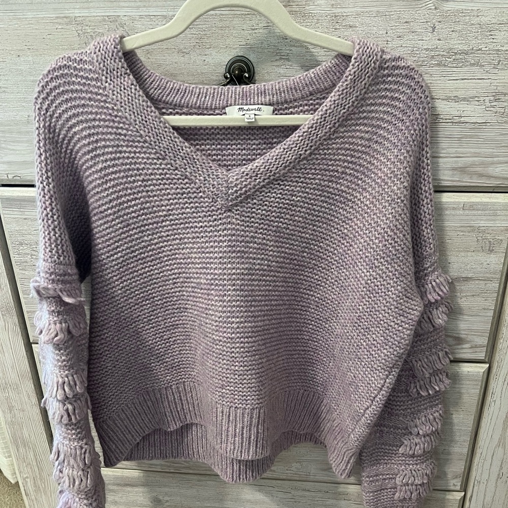 Madewell Purple V-Neck Sweater with Decorative Sleeves